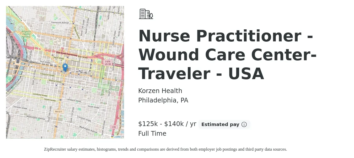 Korzen Health job posting for a Nurse Practitioner -Wound Care Center- Traveler - USA in Philadelphia, PA with a salary of $112,000 to $153,900 Yearly with a map of Philadelphia location.
