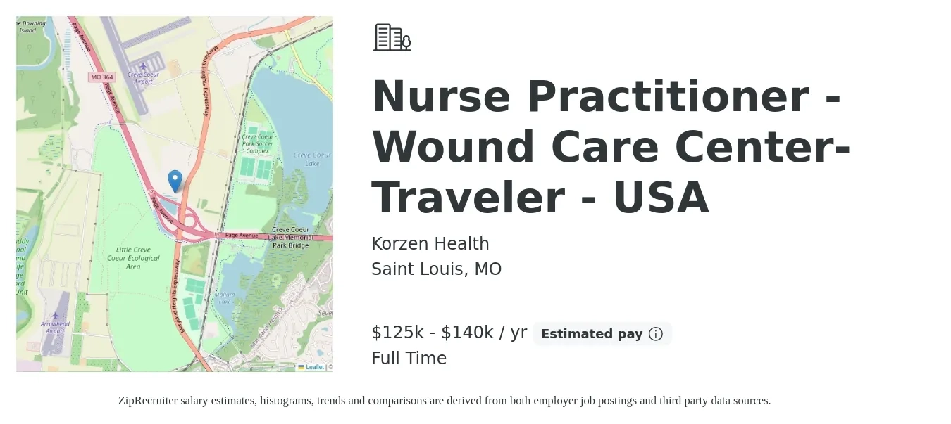 Korzen Health job posting for a Nurse Practitioner -Wound Care Center- Traveler - USA in Saint Louis, MO with a salary of $107,900 to $148,300 Yearly with a map of Saint Louis location.