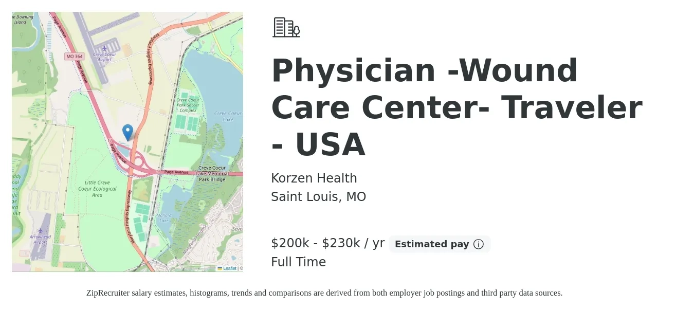 Korzen Health job posting for a Physician -Wound Care Center- Traveler - USA in Saint Louis, MO with a salary of $116,700 to $243,100 Yearly with a map of Saint Louis location.