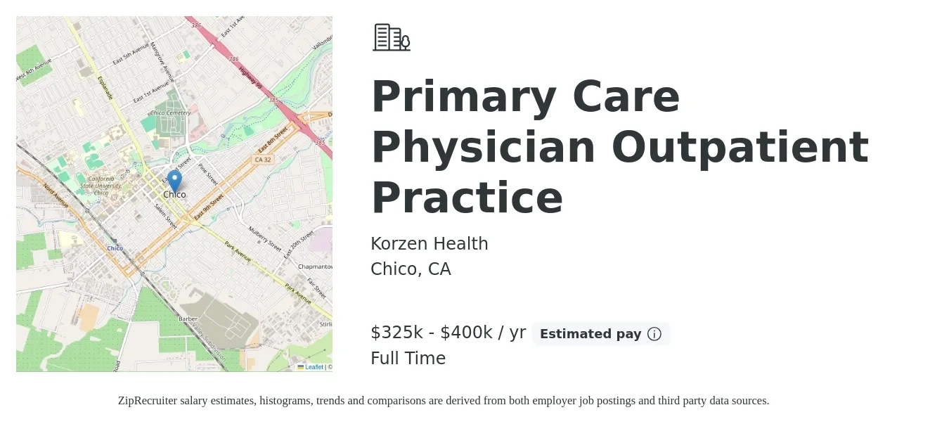 Korzen Health job posting for a Primary Care Physician Outpatient Practice in Chico, CA with a salary of $131,200 to $254,300 Yearly with a map of Chico location.
