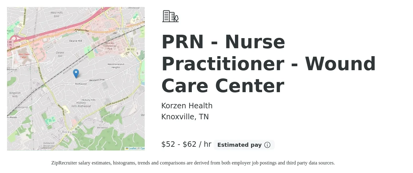 Korzen Health job posting for a PRN - Nurse Practitioner - Wound Care Center in Knoxville, TN with a salary of $114,500 to $238,600 Yearly with a map of Knoxville location.
