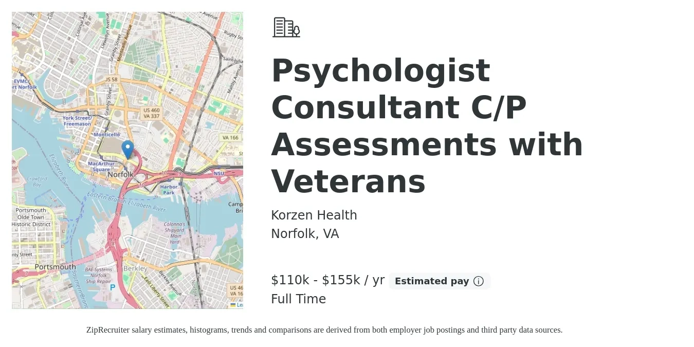 Korzen Health job posting for a Psychologist Consultant C/P Assessments with Veterans in Norfolk, VA with a salary of $84,700 to $215,800 Yearly with a map of Norfolk location.