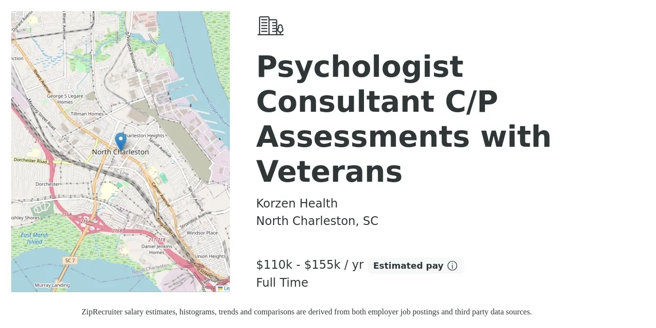 Korzen Health job posting for a Psychologist Consultant C/P Assessments with Veterans in North Charleston, SC with a salary of $83,500 to $212,700 Yearly with a map of North Charleston location.