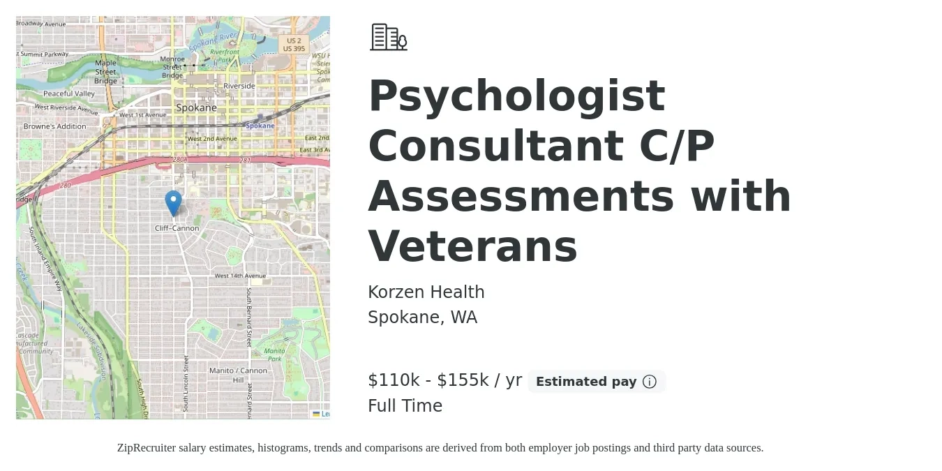 Korzen Health job posting for a Psychologist Consultant C/P Assessments with Veterans in Spokane, WA with a salary of $88,500 to $225,500 Yearly with a map of Spokane location.