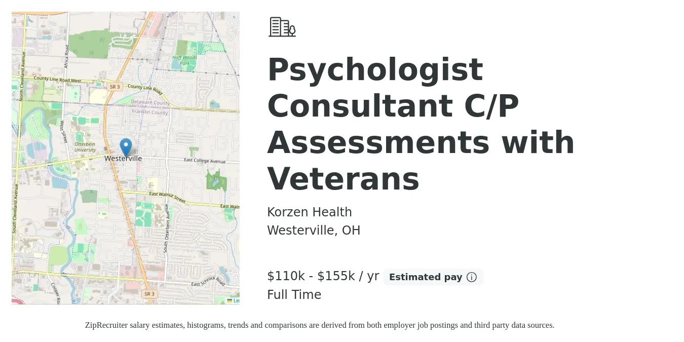 Korzen Health job posting for a Psychologist Consultant C/P Assessments with Veterans in Westerville, OH with a salary of $84,300 to $214,900 Yearly with a map of Westerville location.