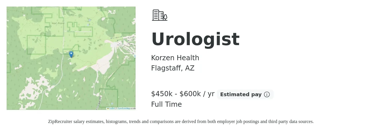 Korzen Health job posting for a Urologist in Flagstaff, AZ with a salary of $100,000 Yearly with a map of Flagstaff location.