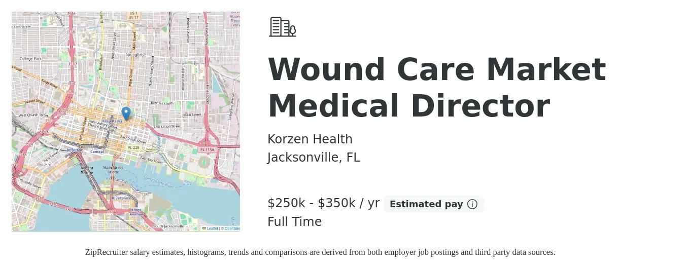 Korzen Health job posting for a Wound Care Market Medical Director in Jacksonville, FL with a salary of $183,500 to $263,600 Yearly with a map of Jacksonville location.