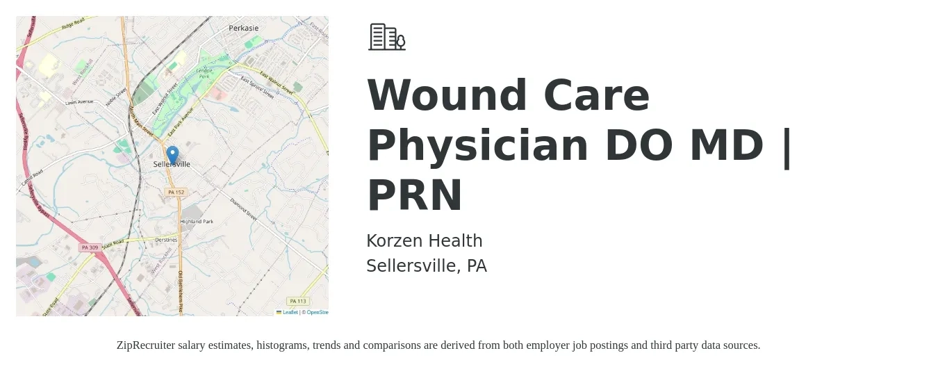 Korzen Health job posting for a Wound Care Physician DO MD | PRN in Sellersville, PA with a salary of $1,000 Daily with a map of Sellersville location.