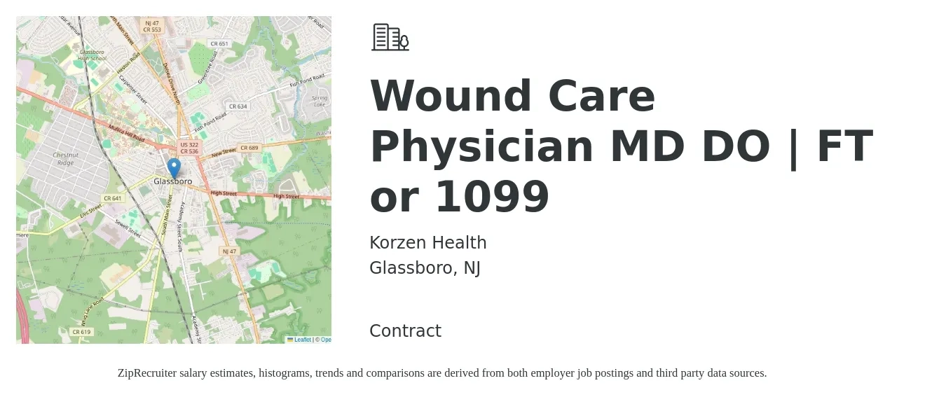Korzen Health job posting for a Wound Care Physician MD DO | FT or 1099 in Glassboro, NJ with a salary of $116,000 to $241,700 Yearly with a map of Glassboro location.
