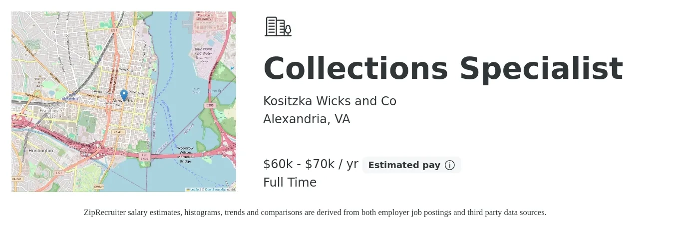Kositzka Wicks and Co job posting for a Collections Specialist in Alexandria, VA with a salary of $60,000 to $70,000 Yearly with a map of Alexandria location.