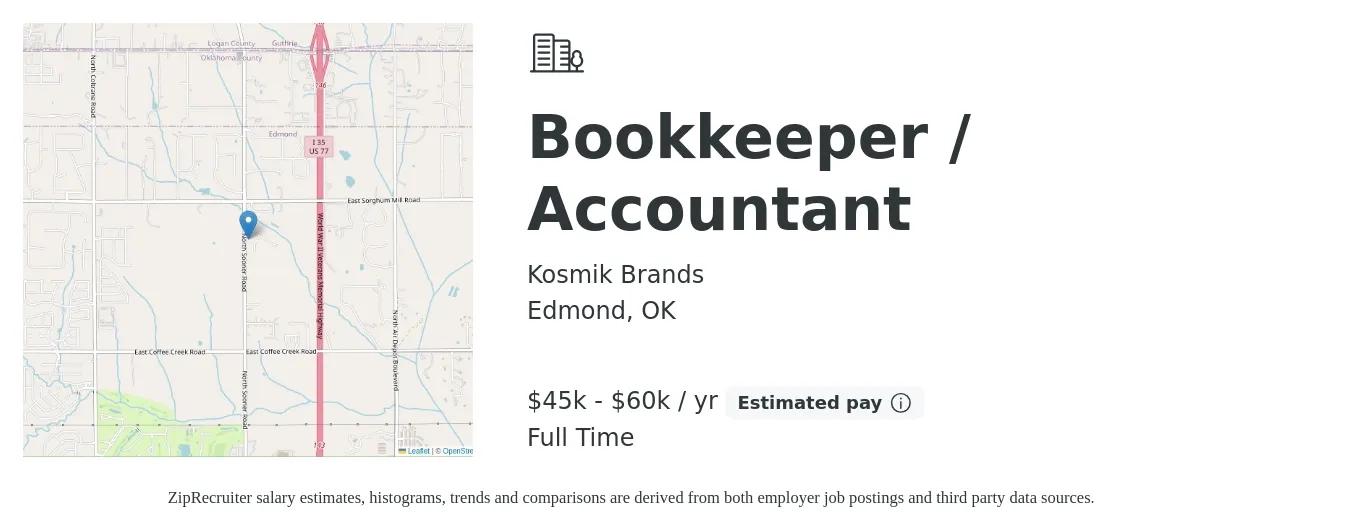 Kosmik Brands job posting for a Bookkeeper / Accountant in Edmond, OK with a salary of $45,000 to $60,000 Yearly with a map of Edmond location.