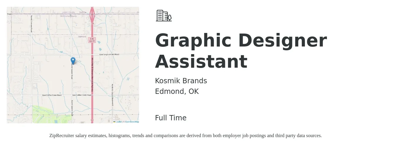 Kosmik Brands job posting for a Graphic Designer Assistant in Edmond, OK with a salary of $29,800 to $39,800 Yearly with a map of Edmond location.