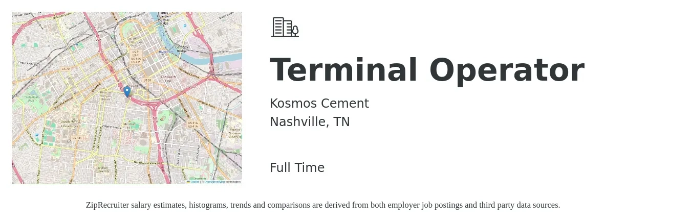 Kosmos Cement Company job posting for a Terminal Operator in Nashville, TN with a salary of $21 to $25 Hourly with a map of Nashville location.