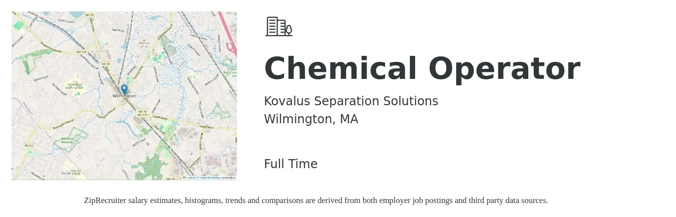 Kovalus Separation Solutions job posting for a Chemical Operator in Wilmington, MA with a salary of $21 to $24 Hourly with a map of Wilmington location.