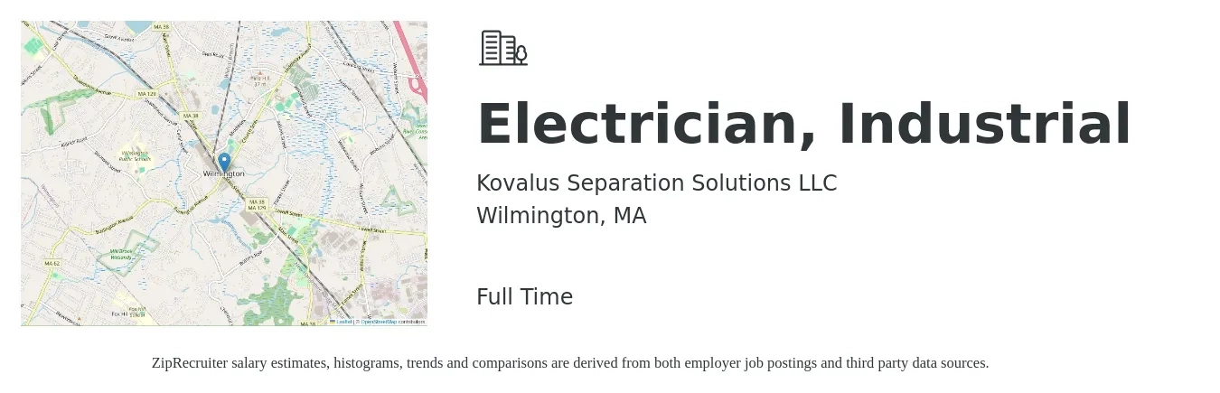 Kovalus Separation Solutions LLC job posting for a Electrician, Industrial in Wilmington, MA with a salary of $29 to $38 Hourly with a map of Wilmington location.