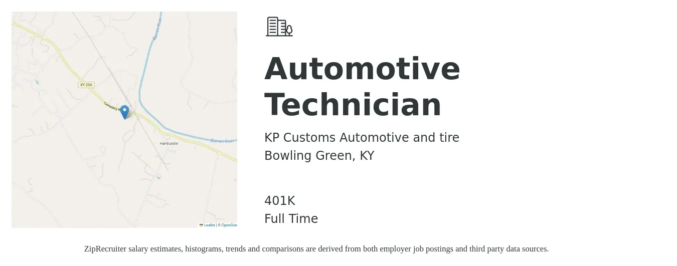 KP Customs Automotive and tire job posting for a Automotive Technician in Bowling Green, KY with a salary of $600 to $1,500 Weekly (plus commission) and benefits including 401k with a map of Bowling Green location.