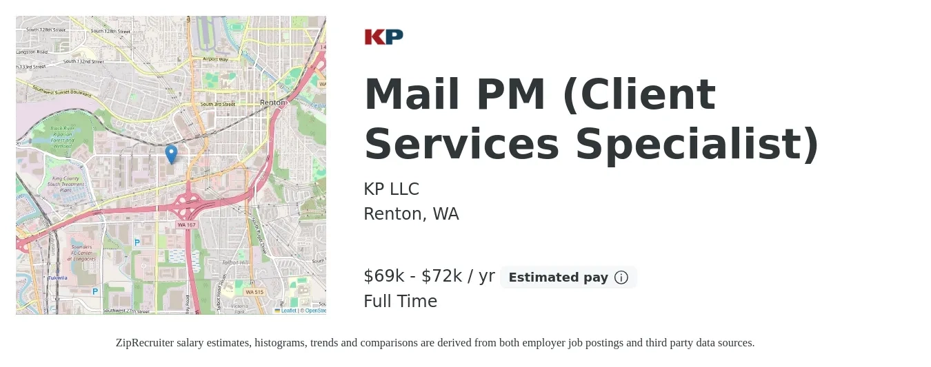 KP LLC job posting for a Mail PM (Client Services Specialist) in Renton, WA with a salary of $69,264 to $72,000 Yearly with a map of Renton location.