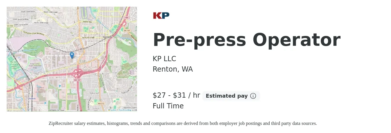 KP LLC job posting for a Pre-press Operator in Renton, WA with a salary of $20 to $30 Hourly with a map of Renton location.