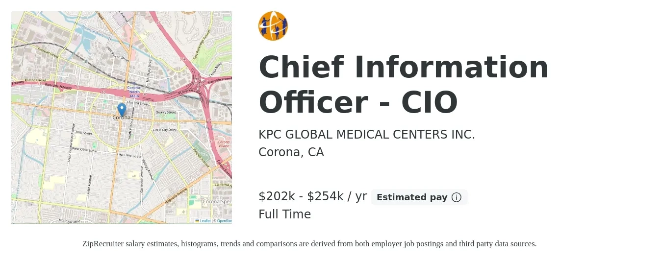 KPC GLOBAL MEDICAL CENTERS INC. job posting for a Chief Information Officer - CIO in Corona, CA with a salary of $202,356 to $254,689 Yearly with a map of Corona location.