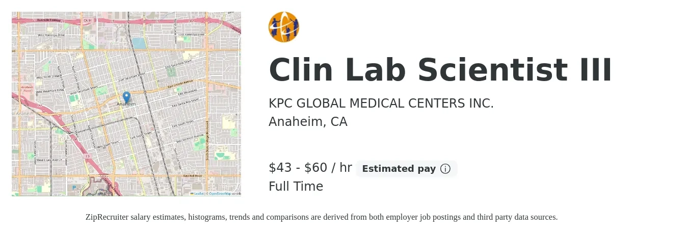 KPC GLOBAL MEDICAL CENTERS INC. job posting for a Clin Lab Scientist III in Anaheim, CA with a salary of $45 to $63 Hourly with a map of Anaheim location.