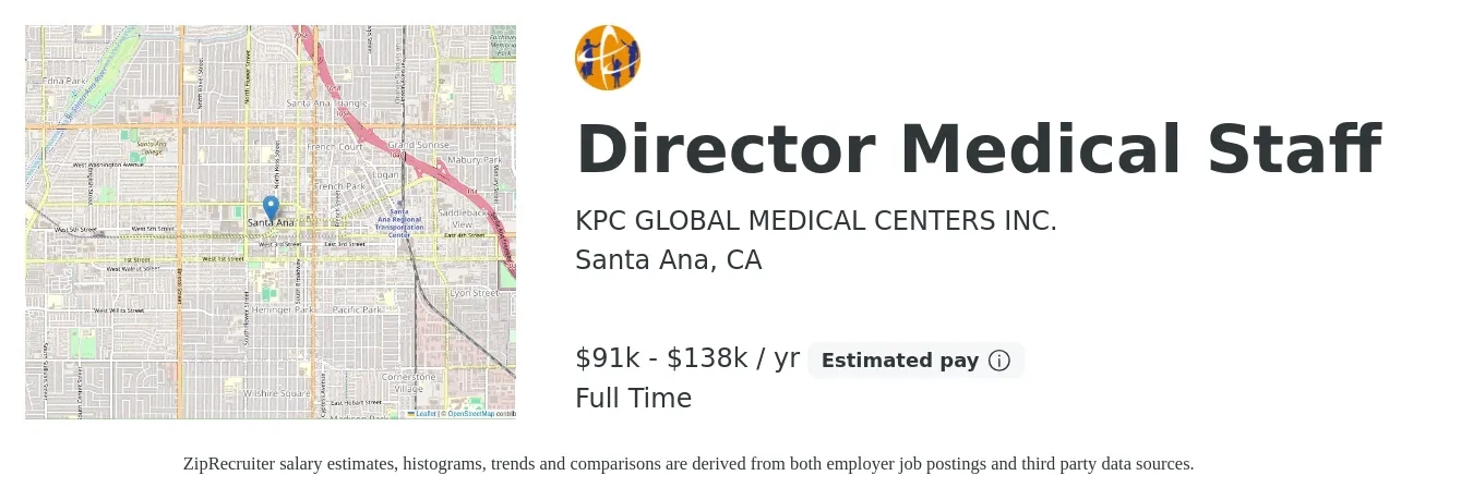 KPC GLOBAL MEDICAL CENTERS INC. job posting for a Director Medical Staff in Santa Ana, CA with a salary of $91,416 to $138,000 Yearly with a map of Santa Ana location.