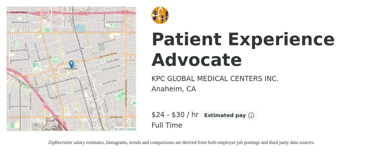 KPC GLOBAL MEDICAL CENTERS INC. job posting for a Patient Experience Advocate in Anaheim, CA with a salary of $25 to $32 Hourly with a map of Anaheim location.