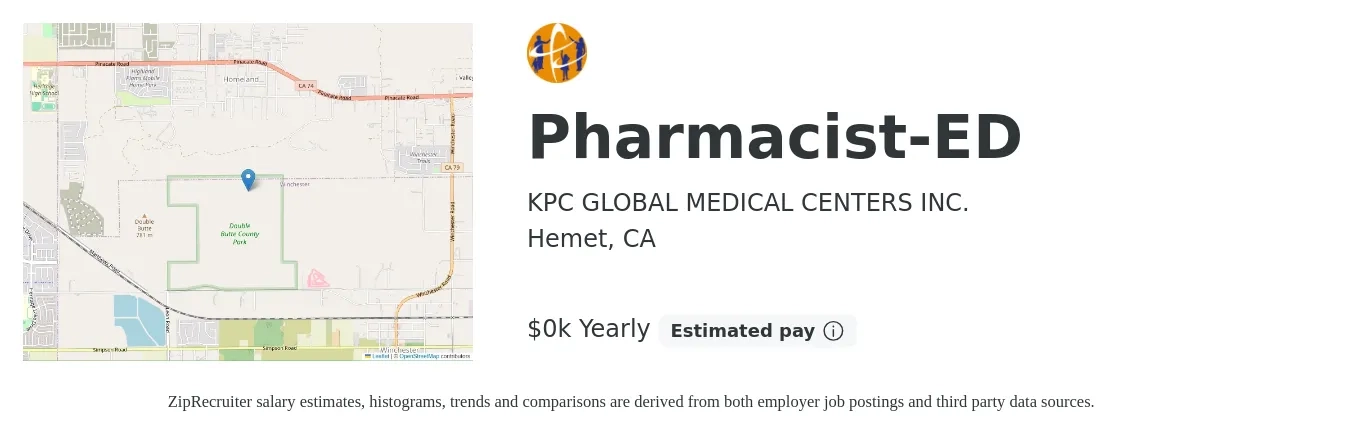 KPC GLOBAL MEDICAL CENTERS INC. job posting for a Pharmacist-ED in Hemet, CA with a salary of $71 to $88 Yearly with a map of Hemet location.