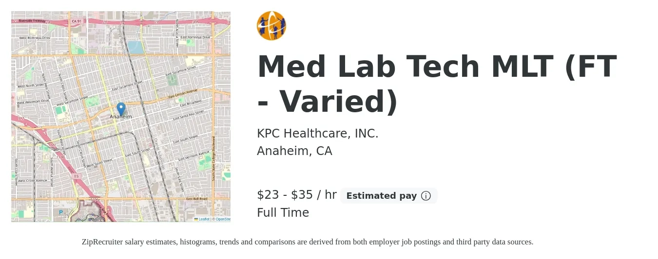 KPC Healthcare, INC. job posting for a Med Lab Tech MLT (FT - Varied) in Anaheim, CA with a salary of $25 to $37 Hourly with a map of Anaheim location.