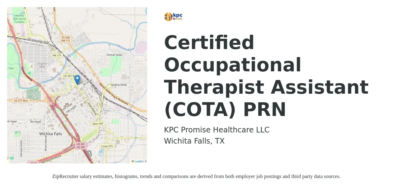 KPC Promise Healthcare LLC job posting for a Certified Occupational Therapist Assistant (COTA) PRN in Wichita Falls, TX with a salary of $28 to $37 Hourly with a map of Wichita Falls location.