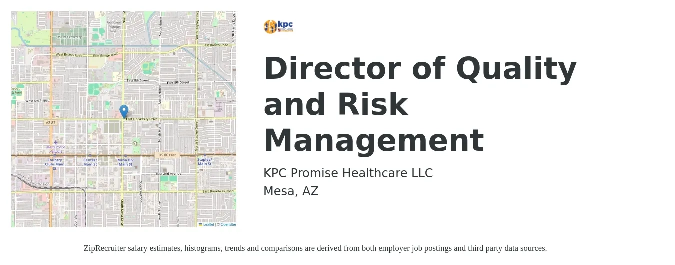 KPC Promise Healthcare LLC job posting for a Director of Quality and Risk Management in Mesa, AZ with a salary of $90,200 to $149,700 Yearly with a map of Mesa location.