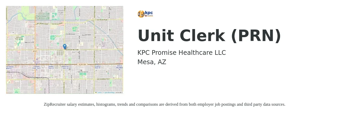 KPC Promise Healthcare LLC job posting for a Unit Clerk (PRN) in Mesa, AZ with a salary of $16 to $21 Hourly with a map of Mesa location.