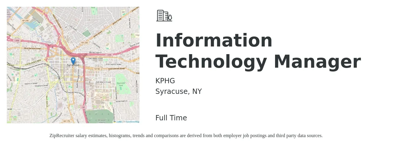 KPHG job posting for a Information Technology Manager in Syracuse, NY with a salary of $93,900 to $115,100 Yearly with a map of Syracuse location.
