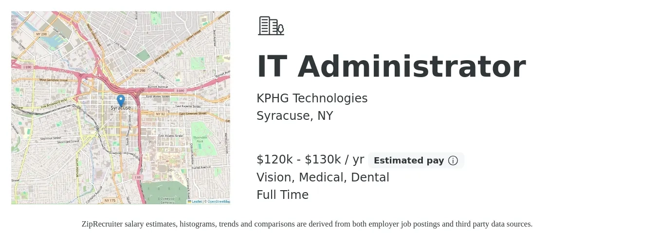 KPHG Technologies job posting for a IT Administrator in Syracuse, NY with a salary of $120,000 to $130,000 Yearly and benefits including medical, pto, retirement, vision, dental, and life_insurance with a map of Syracuse location.