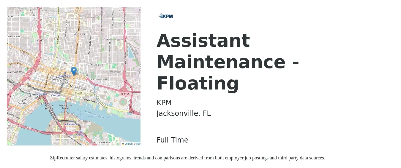 KPM job posting for a Assistant Maintenance - Floating in Jacksonville, FL with a salary of $15 to $19 Hourly with a map of Jacksonville location.