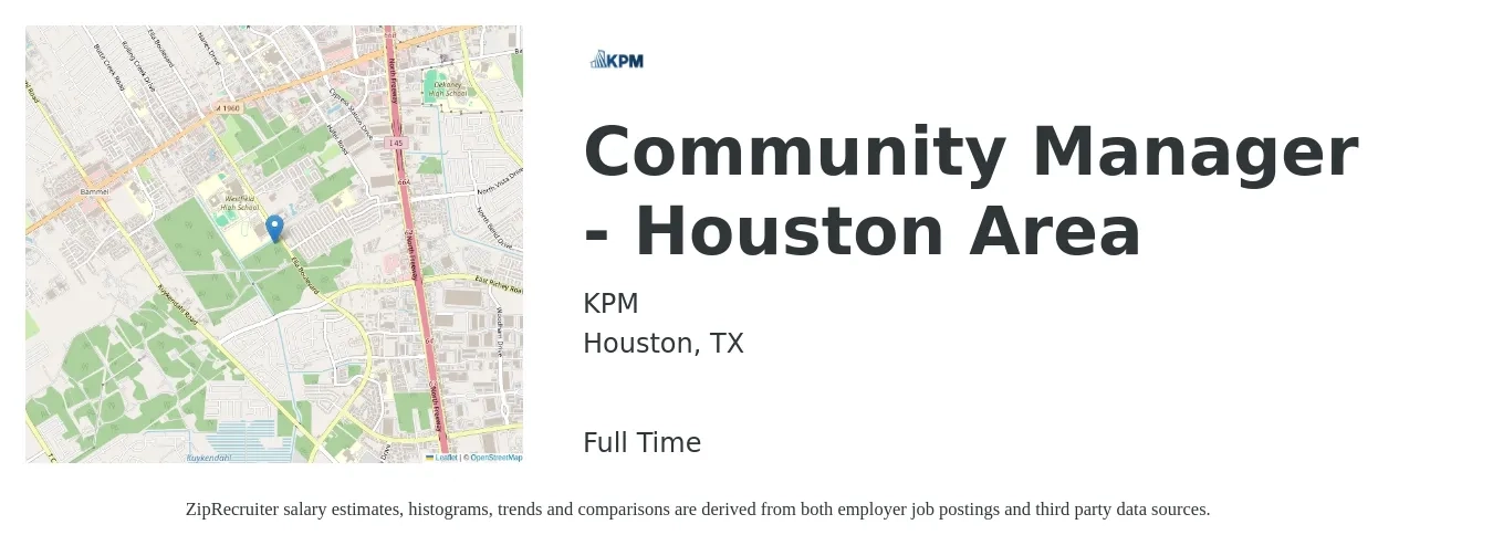 KPM job posting for a Community Manager - Houston Area in Houston, TX with a salary of $44,900 to $64,000 Yearly with a map of Houston location.