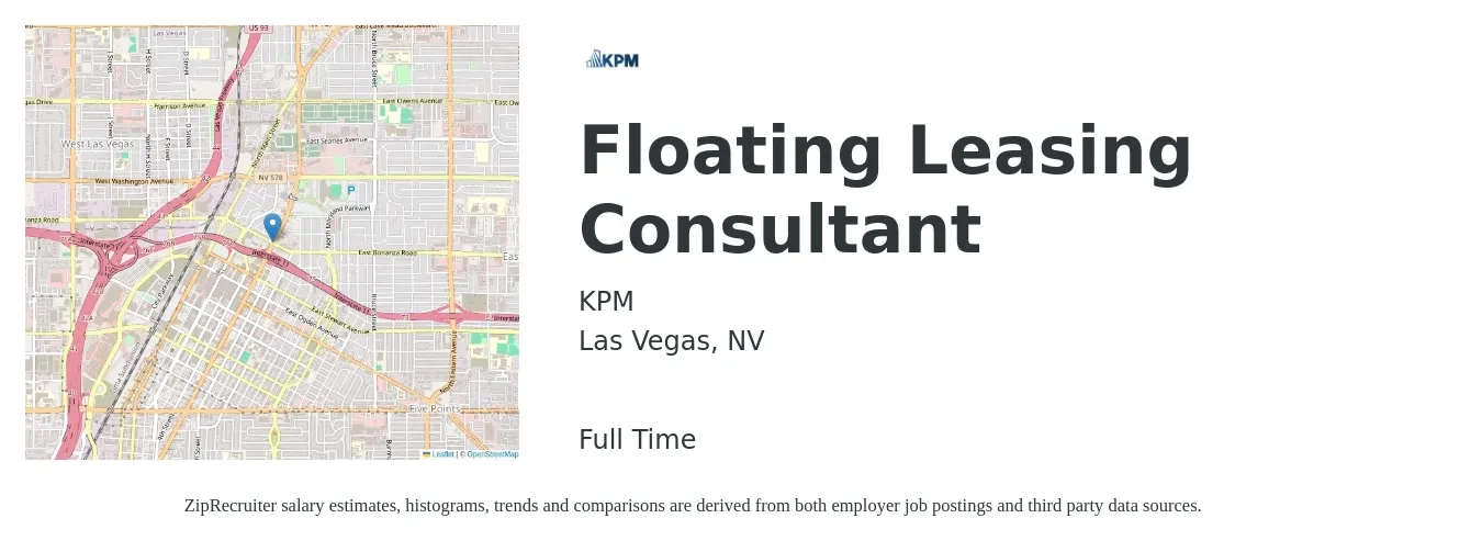 KPM job posting for a Floating Leasing Consultant in Las Vegas, NV with a salary of $16 to $18 Hourly with a map of Las Vegas location.