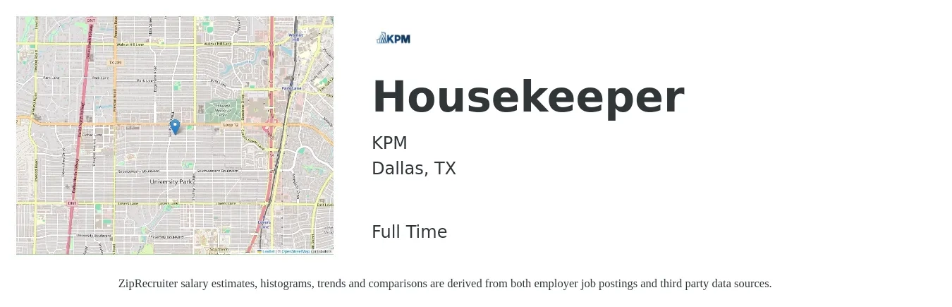 KPM job posting for a Housekeeper in Dallas, TX with a salary of $14 to $18 Hourly with a map of Dallas location.