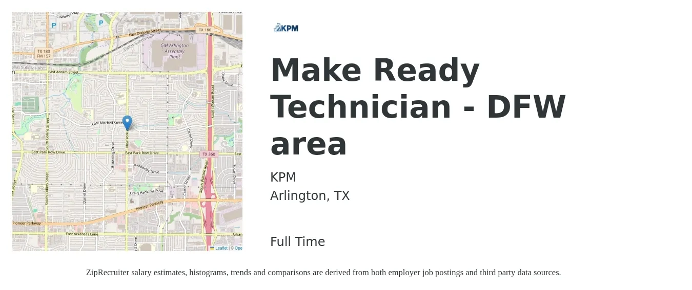 KPM job posting for a Make Ready Technician - DFW area in Arlington, TX with a salary of $33,700 to $34,200 Yearly with a map of Arlington location.