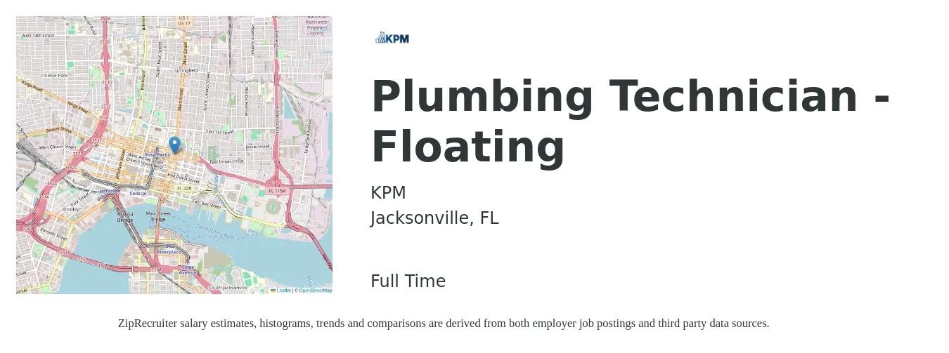 KPM job posting for a Plumbing Technician - Floating in Jacksonville, FL with a salary of $23 to $34 Hourly with a map of Jacksonville location.