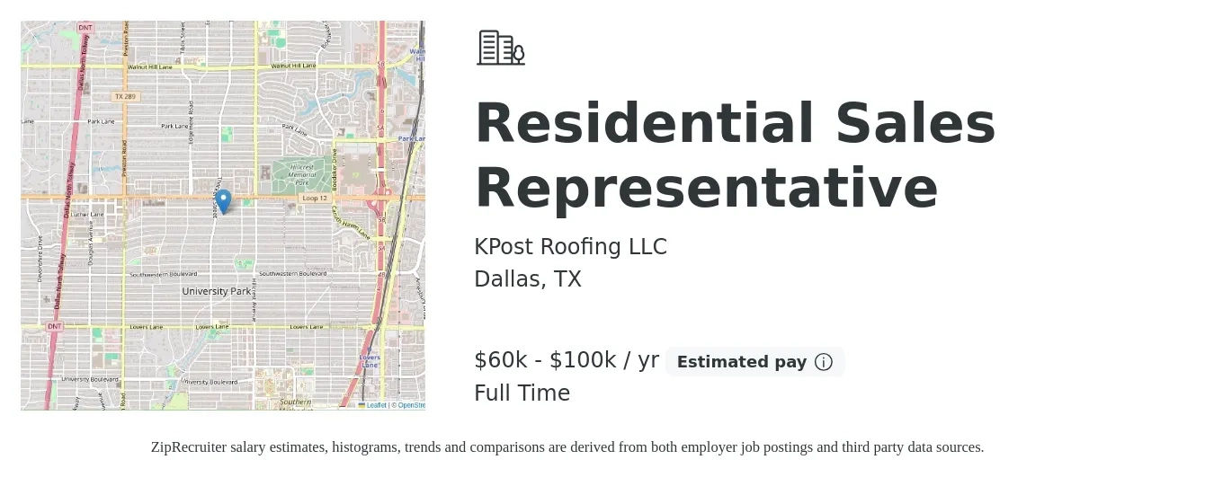 KPost Roofing LLC job posting for a Residential Sales Representative in Dallas, TX with a salary of $60,000 to $100,000 Yearly with a map of Dallas location.