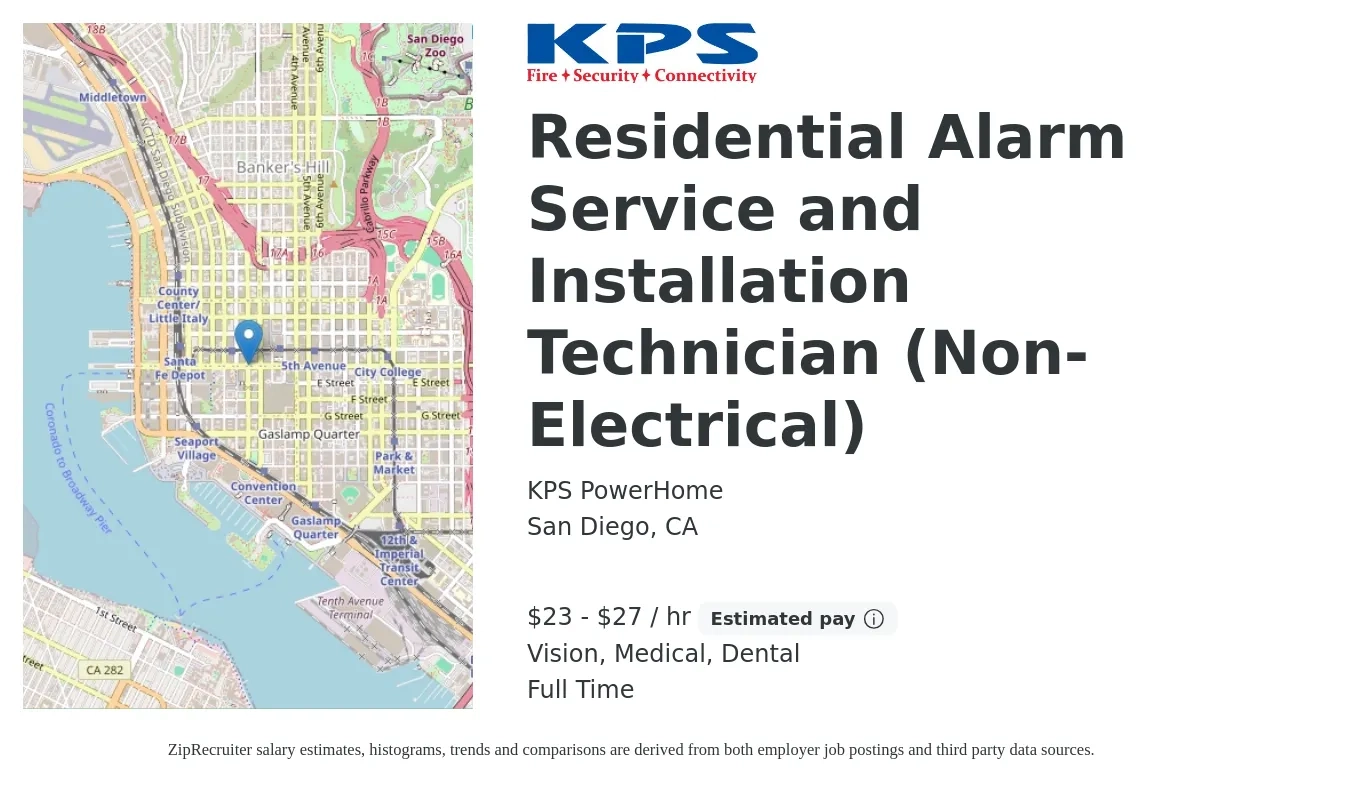 KPS PowerHome job posting for a Residential Alarm Service and Installation Technician (Non-Electrical) in San Diego, CA with a salary of $24 to $29 Hourly (plus commission) and benefits including retirement, vision, dental, life_insurance, medical, and pto with a map of San Diego location.