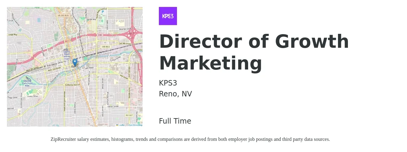 KPS3 job posting for a Director of Growth Marketing in Reno, NV with a salary of $71,300 to $131,100 Yearly with a map of Reno location.