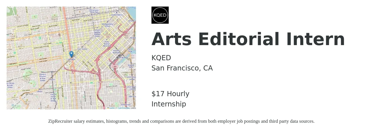 KQED job posting for a Arts Editorial Intern in San Francisco, CA with a salary of $18 Hourly with a map of San Francisco location.