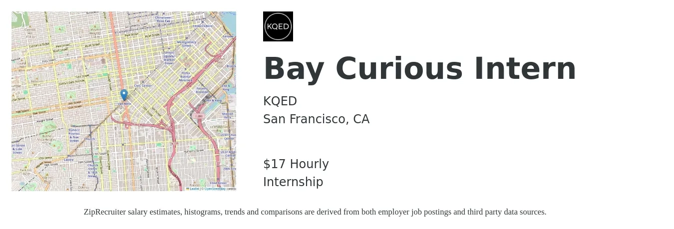 KQED job posting for a Bay Curious Intern in San Francisco, CA with a salary of $18 Hourly with a map of San Francisco location.