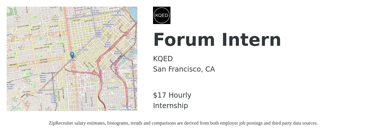 KQED job posting for a Forum Intern in San Francisco, CA with a salary of $18 Hourly with a map of San Francisco location.