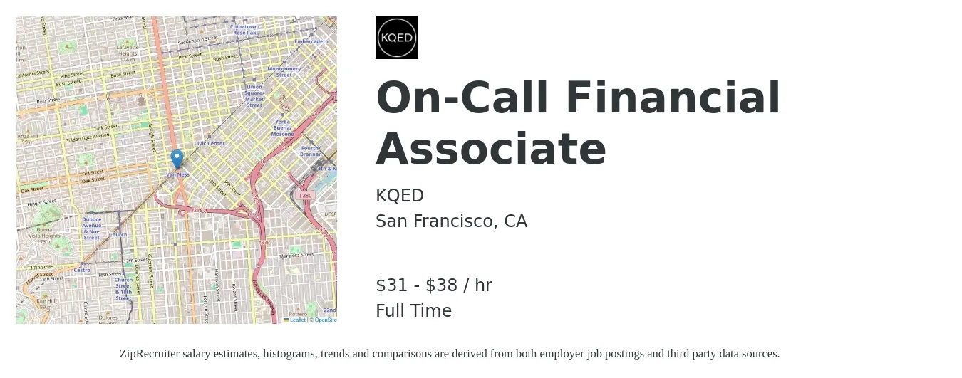 KQED job posting for a On-Call Financial Associate in San Francisco, CA with a salary of $33 to $40 Hourly with a map of San Francisco location.