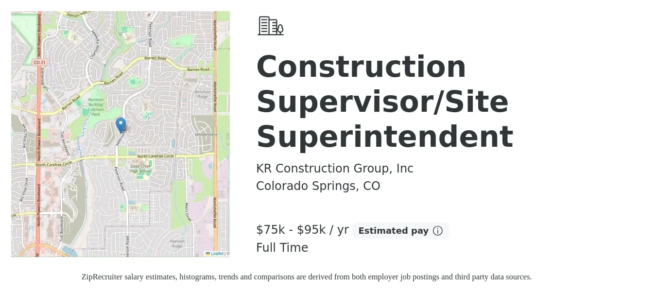 KR Construction Group, Inc job posting for a Construction Supervisor/Site Superintendent in Colorado Springs, CO with a salary of $75,000 to $95,000 Yearly with a map of Colorado Springs location.