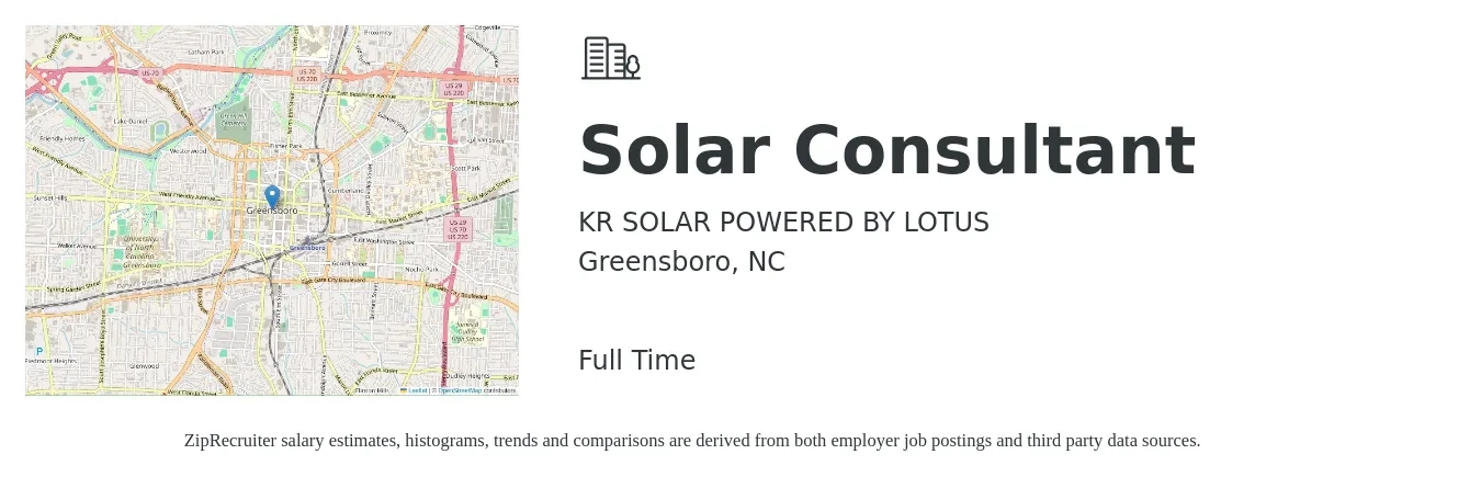 KR SOLAR POWERED BY LOTUS job posting for a Solar Consultant in Greensboro, NC with a salary of $57,200 to $108,500 Yearly with a map of Greensboro location.