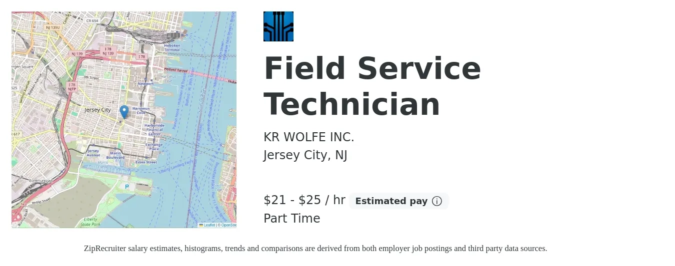 KR WOLFE INC. job posting for a Field Service Technician in Jersey City, NJ with a salary of $22 to $26 Hourly with a map of Jersey City location.