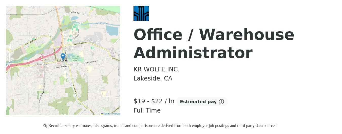 KR WOLFE INC. job posting for a Office/Warehouse Administrator in Lakeside, CA with a salary of $20 to $23 Hourly with a map of Lakeside location.